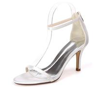 DANOBAB Damen Kitten Heels und Hochheels, Damen Schuhe aus Satin mit Reißverschluss,Offene Spitze Heels Sandalen, Hochzeitsschuhe für die Braut,Weiß,40