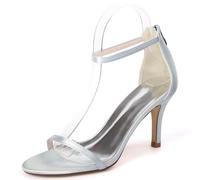 DANOBAB Damen Kitten Heels und Hochheels, Damen Schuhe aus Satin mit Reißverschluss,Offene Spitze Heels Sandalen, Hochzeitsschuhe für die Braut,Silber,38