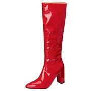 DANOBAB Damen Kniehochstiefel mit Blockabsatz, hohe Damenstiefel, Herbst/Winter-Stil, hochhackige Modestiefel aus Lackleder mit Reißverschluss,Rot,44