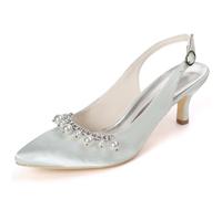 DANOBAB Damen Low Heels Sandalen mit Schnallverschluss, aus Satin mit Strass und Perlen, für Hochzeits- und Abendkleider, Kitten Heel Brautschuhe,Silber,36