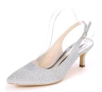 DANOBAB Damen Niedrige Hochzeitsschuhe mit Schnalle Sandaletten Spitz zulauf Mary Jane Elfenbein Farbe Kittelheels Hochabsatz Glitzer / 6 cm Absatz,Silber,41