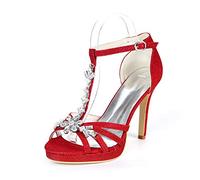 DANOBAB Damen Riemchen Peep Toe Hochzeitschuhe mit Strass, Plateau Brautschuhe, Sommer High Heels/Herbst,Rot,37