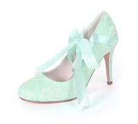 DANOBAB Damen Sandalen mit High Heels - Satin Kitten Heels, Round Toe Pumps mit Knöchelriemen - Ideal für Hochzeiten und Partys,Mint Green,39