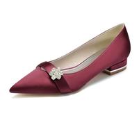 DANOBAB Damen Satin Hochzeitsschuhe - Elegante Flache Pumps mit Spitzzehen, Geschlossenem Zehenbereich, Strass-Verzierung & Slip-On,Burgundy,38