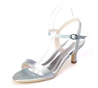 DANOBAB Damen Schuhe Hochzeits-Heels Spitzentoffen Hochabsatz Brautschuhe Mary Jane Satin Niedrige Absätze Kitten Heels Schnürung Abendball,Silber,42