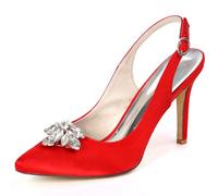 DANOBAB Damen Schuhe Hochzeitschuhe Geschlossene Spitze Rhinestone Niederer Kitten-Heel, Verstellbare Schnürung Spitze Pumps Hocher Prom Kleid Schuhe,Rot,38