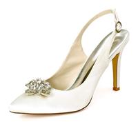 DANOBAB Damen Schuhe Hochzeitschuhe Geschlossene Spitze Rhinestone Niederer Kitten-Heel, Verstellbare Schnürung Spitze Pumps Hocher Prom Kleid Schuhe,Elfenbein,37