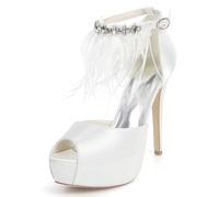 DANOBAB Damen Schuhe mit runder und offener Spitze, niedrige Kitten-Heels, Satinmaterial mit Schnalle, Kleiderpumps für Abend, Abschlussball und Hochzeit,Weiß,41