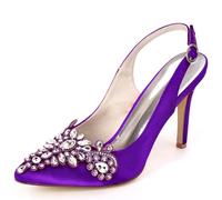 DANOBAB Damen Spitz zulauf Pump-Sandalen aus Satin, mit Schnalle und Strass, Hochzeitschuhe für die Braut, mit Knöchelriemen, für formelle Anlässe, Bridal Shoes,Dark Purple,37