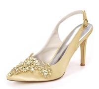 DANOBAB Damen Spitz zulauf Pump-Sandalen aus Satin, mit Schnalle und Strass, Hochzeitschuhe für die Braut, mit Knöchelriemen, für formelle Anlässe, Bridal Shoes,Gold,41