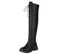 DANOBAB Damen-Stiefel über die Knie, Bequeme Chunky Blockabsatz (Dicke Blockabsatz), runde Spitze, Pull-On-Design, Seitenreißverschluss und Schnürung,Braun,35