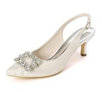 DANOBAB Damenschuhe Hochheels Satin Niedrige Heels Spitztoffen Strass Kitten Heels Party Pumps Absatz Sandalen Hochzeits- und Festanzugschuhe,Elfenbein,42