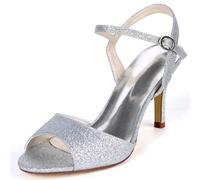 DANOBAB Damenschuhe mit Glitzer und Kitten Hochheitliche Hochzeitschuhe für Herbst & Schnallen, Elfenbein, Absatz 8,5 cm,Silber,40