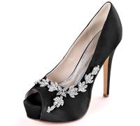 DANOBAB Damenschuhe mit Strass Hochabsatz-Sandalen aus Satin Hochzeitsschuhe Peep-Toe Slip-On Kitten-Heel Abend- und Partyschuhe Komfortable Pumps,Schwarz,37