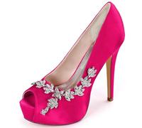 DANOBAB Damenschuhe mit Strass Hochabsatz-Sandalen aus Satin Hochzeitsschuhe Peep-Toe Slip-On Kitten-Heel Abend- und Partyschuhe Komfortable Pumps,Rose red,35