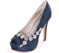 DANOBAB Damenschuhe mit Strass Hochabsatz-Sandalen aus Satin Hochzeitsschuhe Peep-Toe Slip-On Kitten-Heel Abend- und Partyschuhe Komfortable Pumps,Dark Blue,39