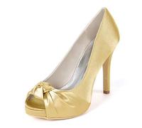 DANOBAB Elfenbein Hochzeitschuhe, Damen Herbst Peeptoe High Heels TE-52 Plattform Chunky Brautmode,Gold,39