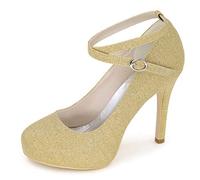 DANOBAB Elfenbein Hochzeitschuhe, Frauen runde geschlossene Zehen hohe Absätze Schnalle Kreuzband Strass Plattform Pumps Scrub,Gold,38