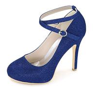 DANOBAB Elfenbein Hochzeitschuhe, Frauen runde geschlossene Zehen hohe Absätze Schnalle Kreuzband Strass Plattform Pumps Scrub,Blau,36