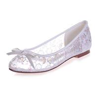 DANOBAB Flache Hochzeitsschuhe Frauen, Spitze Abendkleid Braut Geschlossene Zehe Runde Zehe/0,6 cm Absatz,Weiß,37