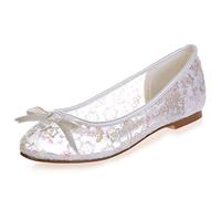 DANOBAB Flache Hochzeitsschuhe Frauen, Spitze Abendkleid Braut Geschlossene Zehe Runde Zehe/0,6 cm Absatz,Elfenbein,37