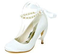 DANOBAB Frauen Braut Spitze Satin Niedriger Absatz Geschlossene Zehe Party Hochzeit Schuhe Pumps Tanz/High Heels Runde Spitze,Elfenbein,40
