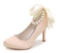 DANOBAB Frauen Braut Spitze Satin Niedriger Absatz Geschlossene Zehe Party Hochzeit Schuhe Pumps Tanz/High Heels Runde Spitze,Champagne,36