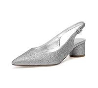 DANOBAB Frauen Elfenbein Hochzeit Schuhe Braut Pailletten Chunky High Heels Spitze geschlossene Zehe Pumps Silk / 4.5cm,Silber,38