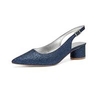 DANOBAB Frauen Elfenbein Hochzeit Schuhe Braut Pailletten Chunky High Heels Spitze geschlossene Zehe Pumps Silk / 4.5cm,Blau,35