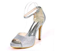 DANOBAB Frauen Elfenbein Hochzeitschuhe, Peeptoe Schnalle Braut Satin High Heels Pumps Braut Blume/Hochzeitssaison,Silber,36