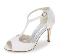 DANOBAB Frauen Flache Braut Hochzeitsschuhe, Low Heel Peep Toe Elfenbein Marine Satin Schnalle Pumps Abend,Weiß,37