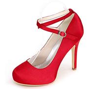 DANOBAB Frauen Für Hochzeit Schuhe Satin Chunky Pumps Schnalle Party Elfenbein Rund Plateau Kitten Heels Geschlossene Zehe/11 cm Absatz,Rot,35