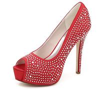 DANOBAB Frauen Hochzeit Peep Toe Plattform Stiletto Heels Knöchelriemen Satin Brautschuhe Pumps mit Chunky/Elfenbein,Rot,39