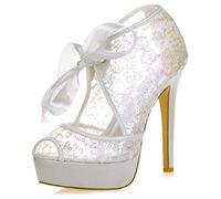 DANOBAB Frauen Spitze Hochzeitsschuhe, Herbst Chunky Peep Toe Plattform Kätzchen High Heels Brautmode Pumps/12,5 cm Absatz,Elfenbein,40