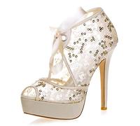 DANOBAB Frauen Spitze Hochzeitsschuhe, Herbst Chunky Peep Toe Plattform Kätzchen High Heels Brautmode Pumps/12,5 cm Absatz,Gold,38