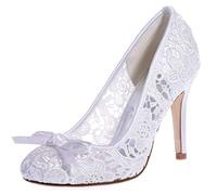 DANOBAB Frauen Spitze Hochzeitsschuhe, Spitzkleid Braut Blau Damen Herbst High Heels Geschlossene Zehe/9Cm Absatz,Weiß,35