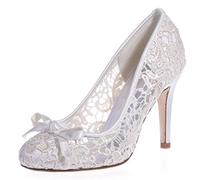 DANOBAB Frauen Spitze Hochzeitsschuhe, Spitzkleid Braut Blau Damen Herbst High Heels Geschlossene Zehe/9Cm Absatz,Elfenbein,35