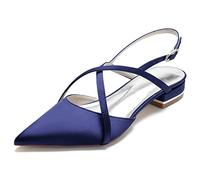 DANOBAB Frauen-Spitzzehen-Hochzeitsflache Schuhe für Braut, Satin-Hochzeitsschuhe, Brautschuhe mit Schnalle hinten, Flache Abend- / Ball- / Partyschuhe,Dark Blue,36