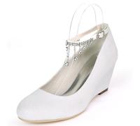 DANOBAB Hochzeits- und Partyhöhelschuhe für Frauen, Wedge-Plattform, geschlossene Spitze, mit Schnalle, weiß-Elfenbein, Braut- und Festschuhe, 6.5 cm Absatz,Weiß,42