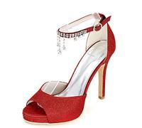 DANOBAB Hochzeitschuhe Damen, Funkelnde Peep Toe Scrub Schnalle Braut Sommer Plattform Elfenbein hohe Absätze/niedrige Absätze,Rot,40