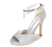 DANOBAB Hochzeitschuhe Damen, Funkelnde Peep Toe Scrub Schnalle Braut Sommer Plattform Elfenbein hohe Absätze/niedrige Absätze,Silber,35