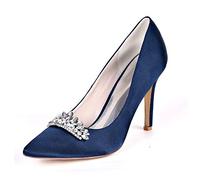 DANOBAB Hochzeitschuhe für die Braut in Elfenbein, mit Strass, geschlossene Zehen, Spitze High Heels, Kitten Heels für den Abend in Marineblau/Kleid,Dark Blue,40