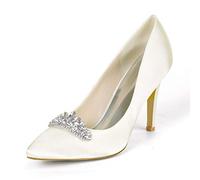 DANOBAB Hochzeitschuhe für die Braut in Elfenbein, mit Strass, geschlossene Zehen, Spitze High Heels, Kitten Heels für den Abend in Marineblau/Kleid,Elfenbein,36