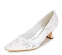 DANOBAB Hochzeitschuhe für die Braut Niedriger Absatz, Damen Geschlossener Zeh Elfenbein Herbst Spitze Brautjungfern Chunky/Abendparty,Weiß,40