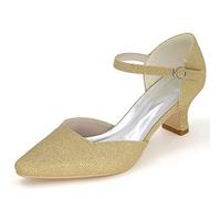 DANOBAB Hochzeitschuhe für die Braut Niedriger Absatz, Modische Abend-High-Heels Damen Pailletten Spitzeschuh Kleid/Schnalle,Gold,42