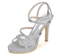 DANOBAB Hochzeitschuhe Niedriger Absatz, Peeptoe Scrub Mid Frauen Hochzeiten Ivory Brautkleid Funkelnde Schnalle/Pumps,Silber,35