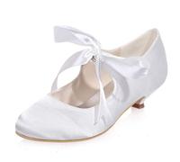 DANOBAB Hochzeitsschuhe Frauen Seide wie Satin Braut Chunky Heel Pumps mit Nähten Spitze Blume/Sommer Braut,Weiß,39