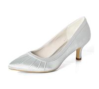 DANOBAB Hochzeitsschuhe für Damen Satin mit Spitzzehen und geschlossenen Spitzen, niedrige Absätze, Hochzeitstänzchen für Brautjungfern / 6 cm Absatz,Silber,38