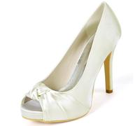 DANOBAB Hochzeitsschuhe für Damen Slip-On Mary Jane aus Satin mit Plattform und Kittenheels Peep Toe/Runder Spitze, Hochabsatz Elfenbein, 11 cm Absatz,Elfenbein,40