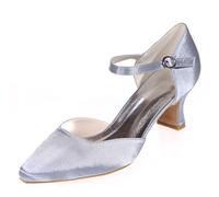 DANOBAB Hochzeitsschuhe für Frauen, Satin Elfenbein Spitze Spitze High Heels Mary Jane Braut Chunky Herbst Schnalle/5,5 cm Absatz,Silber,35